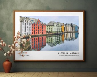 Alesund Harbour Waterfront Art | Norwegian Wall Art, Nordic Architecture Coastal Print | Digital Download
