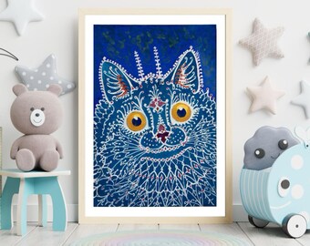 Blue Gothic Cat Artwork | Vintage Louis Wain Gouache Print | Whimsical Feline Wall Art | Digital Download