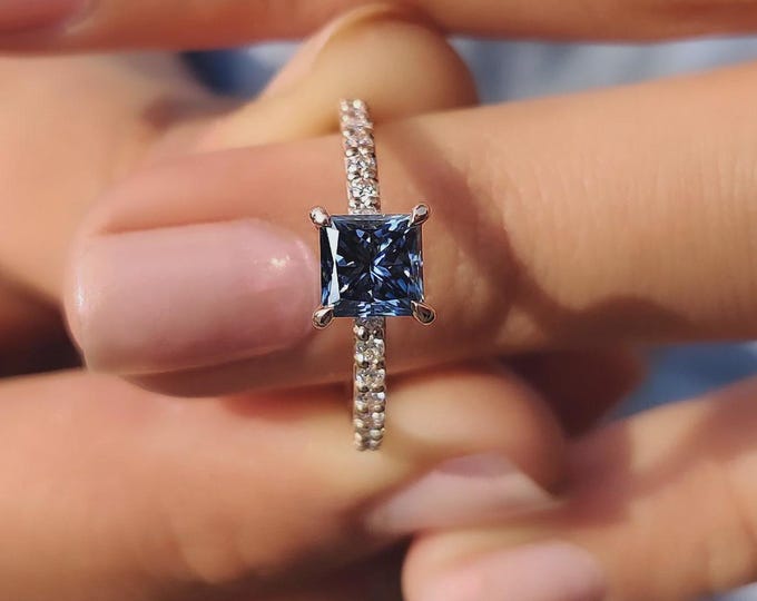Featured listing image: Blue Moissanite Engagement Ring: Princess Cut, Sterling Silver Pavé Band