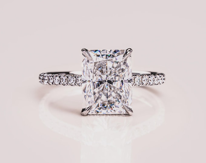 Featured listing image: Radiant Cut Moissanite Engagement Ring: Dainty Pavé 14K White Gold Wedding Ring