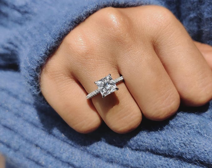 Featured listing image: Princess Cut Moissanite Engagement Ring: Three-Side Pave Halo