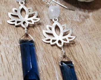 London Blue Quartz, Moonstone, Lotus, Sterling Silver, Yoga, Wire Wrapped, Handmade, Dangle Earrings