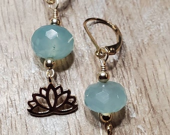 Chalcedony, Aqua, Leverback, Lotus Flower, Faceted, Wire Wrapped, Gemstone, 14k Gold Filled