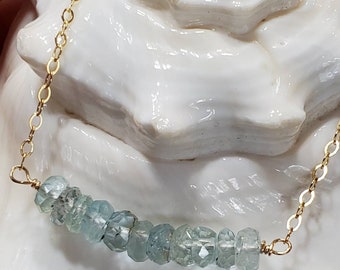 Aquamarine, Faceted, March Birthstone, Bar Necklace, Rondelle, Gold Filled, Semiprecious Stones, Wire Wrapped, Necklace