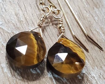 Tigers Eye, Faceted, Briolette, 14k Gold Filled, Petite, Minimalist, Dangle Earrings