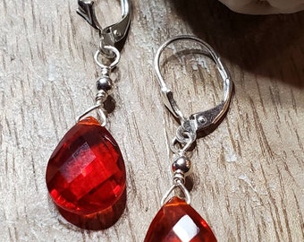 Ruby Quartz, Quartz, Faceted, Sterling Silver, Wire Wrapped, Minimalist, Leverback, Dangle Earrings