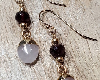 Rose Quartz, Garnet, Wire Wrapped, Faceted, Valentine's Day, Multi-Stone, Dangle, Earrings