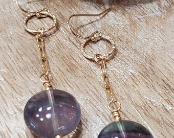 Fluorite, Dangle, Chandelier, 14k Gold Filled, Coin Shaped, Drop, Earrings