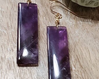 Amythyst, 14k Gold Filled, Wire Wrapped, Unique Shape, Minimalist, Rectangular, Dangle, Earrings