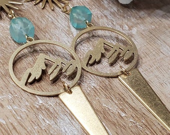 Chalcedony, Aqua Chalcedony, Brass, Metal, Geometric, Gemstone, Boho, Mountains, Dangle, Earrings