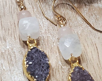 Druzy, Moonstone, Rose Quartz, 14k Gold Filled, Multi-stone, Wire Wrapped, Dangle Earrings