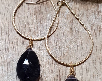 Iolite, Faceted, 14k Gold Filled, Hoop, Wire Wrapped, Gemstone, Semiprecious Stones, Teardrop, Dangle, Earrings