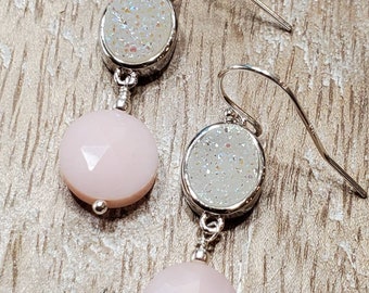 Opal, Pink Opal, Druzy, White Druzy, Multi-Stone, Sterling Silver, Wire Wrapped, Gemstone, Dangle, Valentine's Day, Dangle Earrings