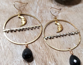 Chalcedony, Black Chalcedony, Faceted, Hoop, Mixed Metals, Moon, Wire Wrapped, Dangle, Earrings