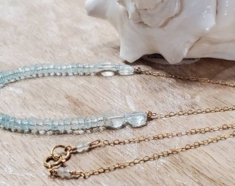Aquamarine, Wire Wrapped, 14k Gold Filled, Faceted, March Birthstone, Spring Clasp Closure, Beaded, Necklace
