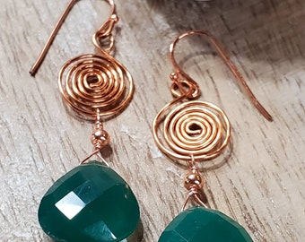 Green Onyx, Faceted, Copper, Wire Wrapped, Briolette, Swirls, Dangle Earrings