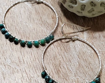 Chrysocolla, Sterling Silver, Faceted, Wire Wrapped, Hoop, Dangle, Earrings