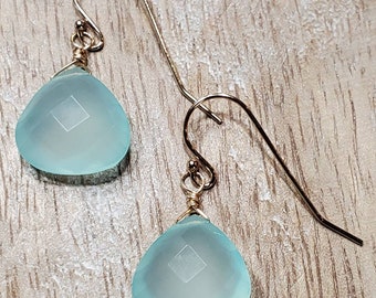 Chalcedony, Aqua Chalcedony, Faceted, Wire Wrapped, 14k Gold Filled, Briolette, Minimalist, Dangle
