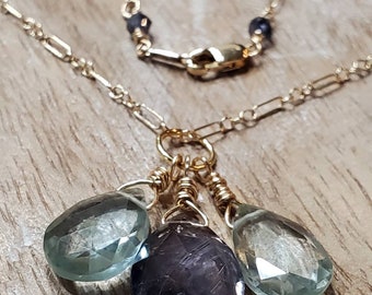 Iolite, Blue Topaz, Faceted, 14k Gold Filled, Multi-Stone, Megan Markle, Charm, Wire Wrapped, Lobster claw closure, Necklace