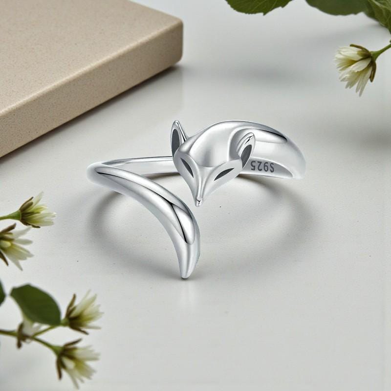 925 Sterling Silver Plated Fox Finger Thumb Ring For Women - Adjustable, Stainless Steel Base