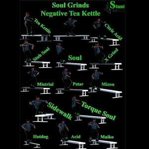May include: A black graphic illustrating various inline skating tricks, including "Tea Kettle," "Stub Soul," and "Citric Acid." The text "Soul Grinds Negative Tea Kettle" is at the top, with "Stunt" in the upper right corner.