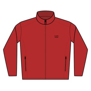 Puede incluir: Chaqueta roja con cremallera completa, cuello alzado y dos bolsillos laterales. La chaqueta tiene la inscripción "trouble mouse" en la parte superior derecha del pecho.