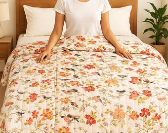 Hand Block Floral Print Cotton Quilt: Lightweight Jaipuri Razai Double Size