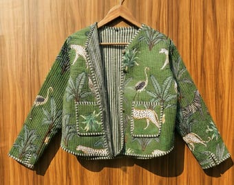 Quilted Cotton Jacket, Safari Print, Lightweight Boho Style, Handmade Coat