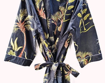 Navy Floral Cotton Kimono Robe | Lightweight Loungewear