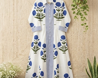 Floral Hand Block Print Cotton Kimono Robe, Blue Poppy Design, Lightweight Summer Bathrobe