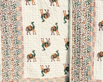 Hand Block Floral and camel desing Print Cotton Blanket,Quilt: Lightweight Jaipuri Razai