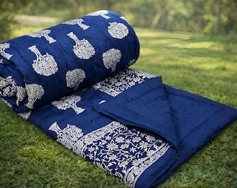 Hand Block Print Twin Quilt, Navy Blue Floral Tree Cotton Bedspread
