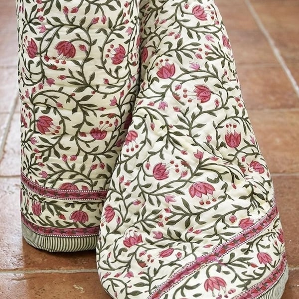 Hand Block Print Cotton Quilt, Floral Indian Razai, Jaipuri Bedspread, Boho Throw Blanket,Quilt