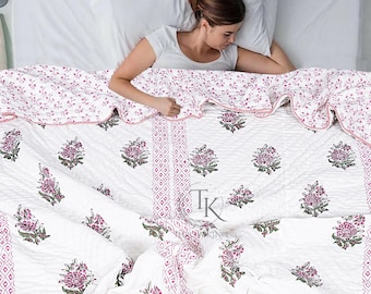 Couverture en coton imprimé floral fait main, courtepointe : Jaipuri Razai indien léger