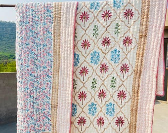 Hand Block Floral Print Cotton Quilt: Lightweight Jaipuri Razai