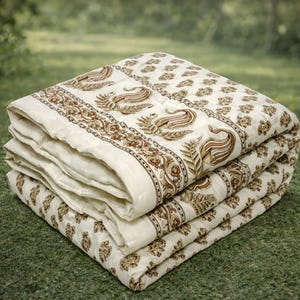 Hand Block Print Twin Quilt, Cream Paisley Cotton Bedspread, Jaipuri Razai