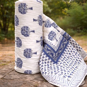 Queen Size Reversible Cotton Quilt, Blue White Floral Block Print Bedding