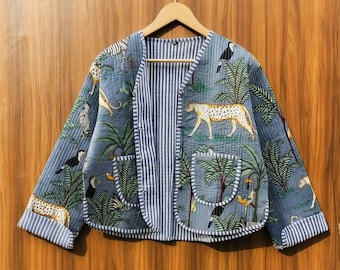 Handmade Quilted Cotton Jacket, Safari Print Boho Coat, Lightweight Fall Outerwear