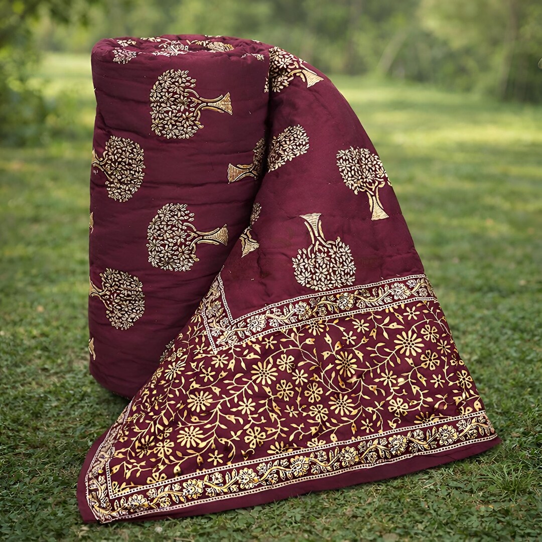 Red Razai Hand Block Print Cotton Quilt, Red Floral Tree Jaipuri Razai - Etsy ...