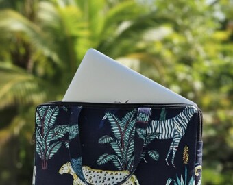 Hand Block Print Quilted Laptop Bag, Padded Cotton Sleeve, Boho Tote Handle Bag