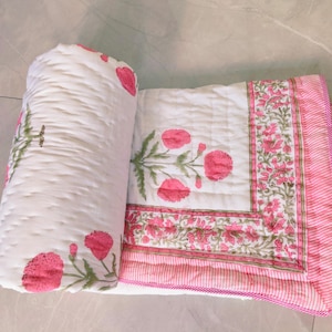 Pink Floral Hand Block Print Cotton Quilt, Reversible Indian Bedding (All Season)