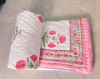 Pink Floral Hand Block Print Cotton Quilt, Reversible Indian Bedding (All Season)