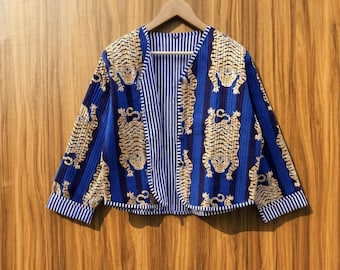 Handmade Quilted Cotton Jacket, Safari Print Boho Coat, Lightweight Fall Outerwear