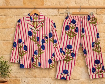 Hand Block Print Cotton Pajama Set, Indian Sleepwear, Breathable Loungewear