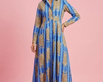 Blue Tiger Print Cotton Maxi Dress, Indian Ethnic Shirt Style, Long Sleeve Boho Style