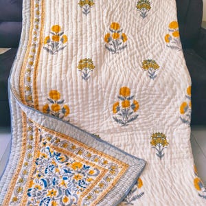 Hand Block Print Quilt, Indian Jaipuri Razai, Cotton Floral Summer Blanket, Lightweight Bedspread, King Queen Twin Toddler Sizes