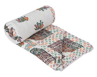 Handmade Cotton Quilt: Hawa Mahal Elephant Print Jaipuri Razai , Blanket Twin/Queen/King Sizes