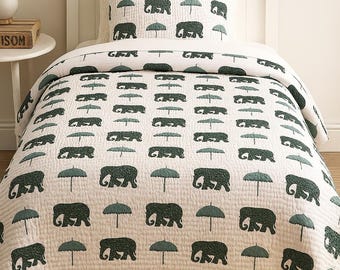 Hand Block Print Cotton Quilt: Elephant & Umbrella Lightweight Razai