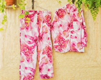 Hand Block Print Cotton Pajama Set | Floral Breathable Sleepwear, Lounge Set ,robe