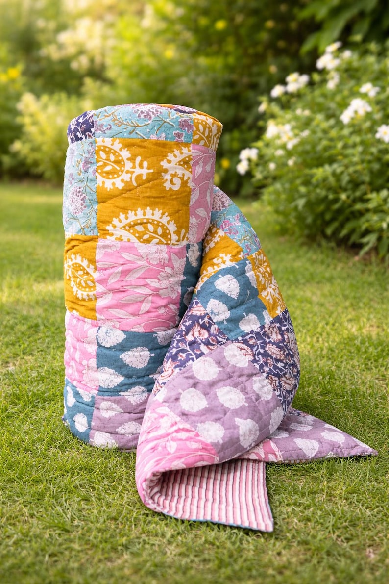 May include: A colorful patchwork quilt, rolled up and partially unrolled on green grass. The quilt features various patterned fabrics in shades of pink, blue, yellow, and purple. The unrolled portion reveals a striped edge.